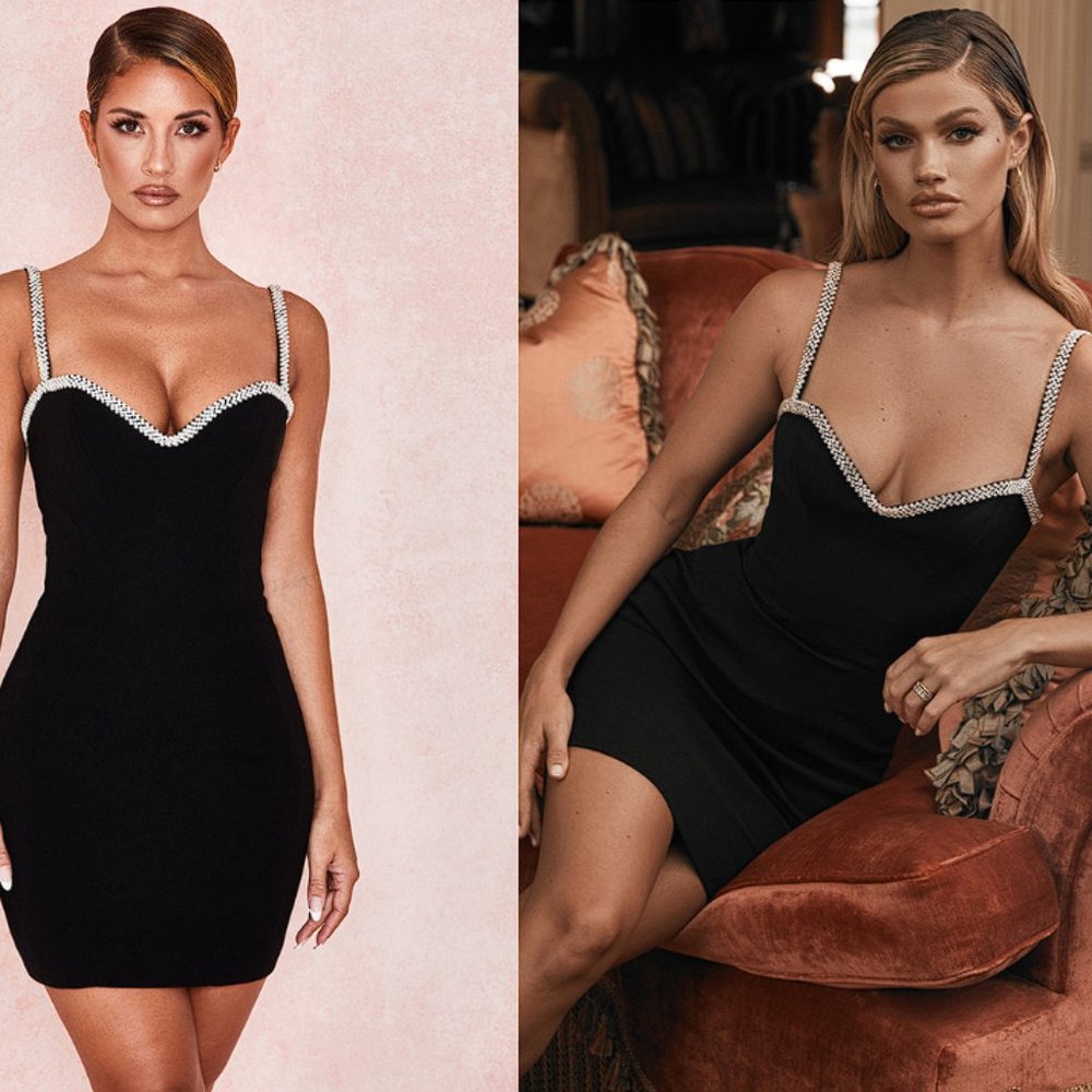 HOUSE OF CB 'Gloriana' Black Crystal Trim Mini Dress NWOT